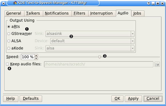 KDE's tekst-til-tale håndtering (fanebladet Lyd)