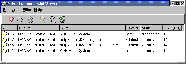 Her er et skærmbillede af KDEPrint's Udskriftjob-fremviser.
